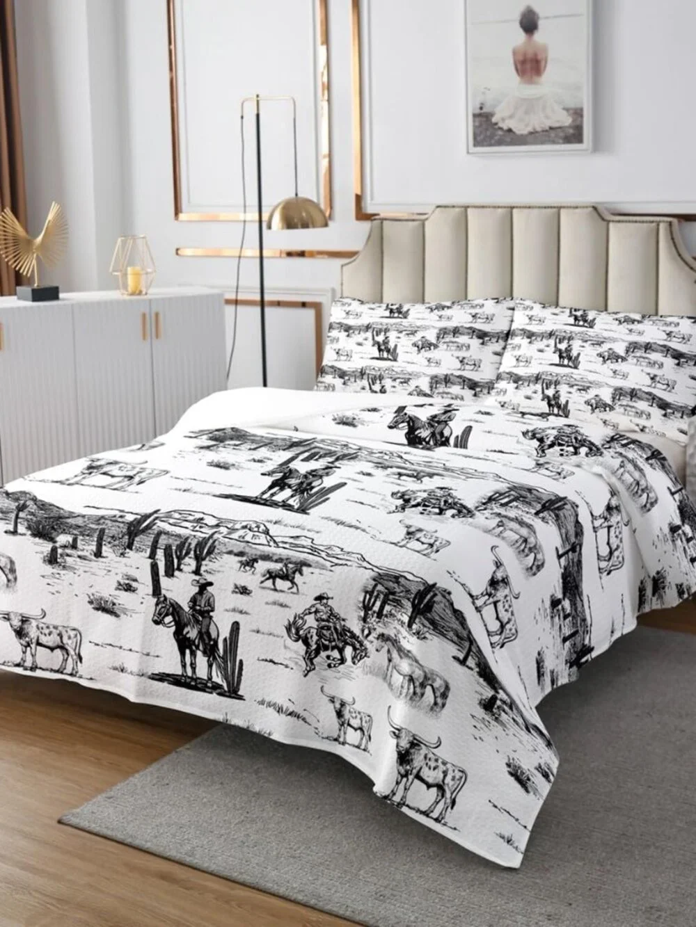 Western Cowboy Bedspread Queen Size,Vintage Southwest Style Bedding Quilt Desert